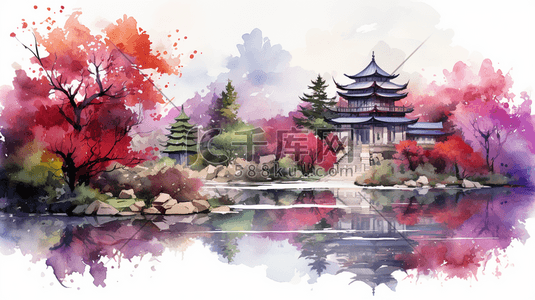 桌面壁纸插画图片_中国风水彩画中式花园公园风景