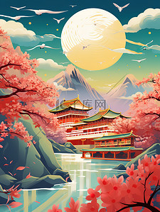 花朵月亮插画图片_中国风建筑月亮花朵国潮插画3