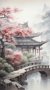 池水插画图片_中式园林景观中国风园林风景