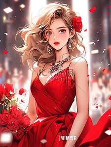 美丽的女人穿着深红色的裙子10