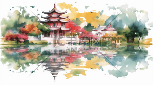 桌面壁纸插画图片_公园景观中式花园梦幻水彩插画