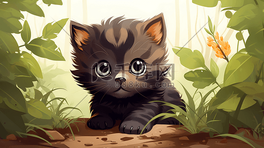 黑色展台插画图片_树林中一只可爱的黑色小猫
