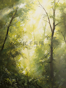 森林清晨插画图片_清晨的阳光透过茂密森林水彩画18