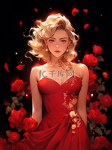 深红色红色插画图片_美丽的女人穿着深红色的裙子2