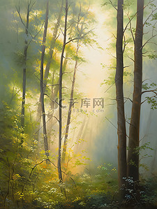 清晨的阳光透过茂密森林水彩画7
