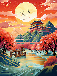中国风建筑月亮花朵国潮插画8