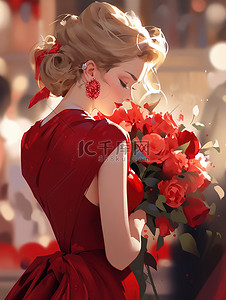 红色深红色插画图片_美丽的女人穿着深红色的裙子7