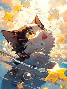 动漫夏天场景插画图片_可爱的猫在玩水梦幻场景动漫5