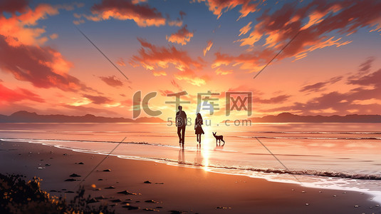 节日剪影插画图片_日落时分在海滩上散步的情侣剪影2