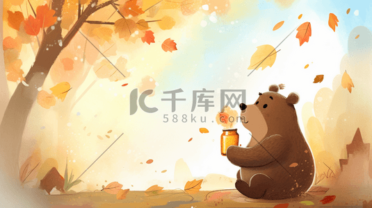 秋季吃蜂蜜的卡通小熊插画3