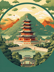 绿色调插画图片_绿色调中国山水古建筑插画7