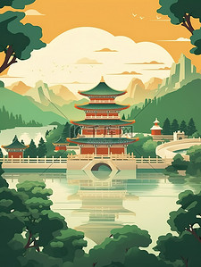 绿色调中国山水古建筑插画12