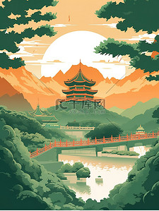 绿色调中国山水古建筑插画10