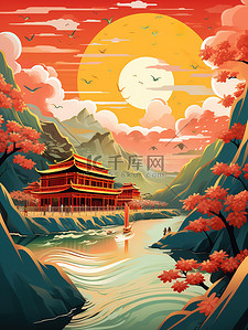 中国风建筑月亮花朵国潮插画10