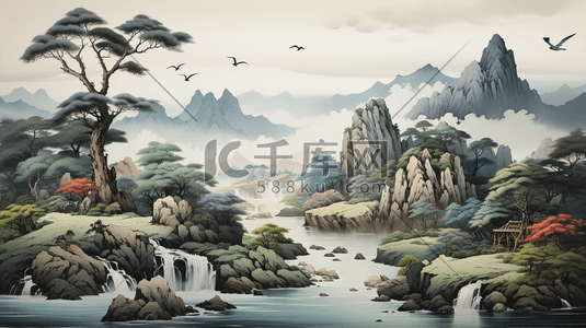 中国风齐白石绘画风格山水画