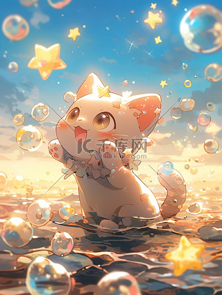 动漫插画图片_可爱的猫在玩水梦幻场景动漫8