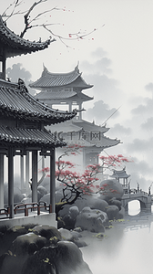 池水插画图片_中式园林景观园林风景