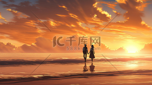 日落时分在海滩上散步的情侣剪影7