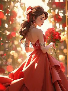 红色深红色插画图片_美丽的女人穿着深红色的裙子5