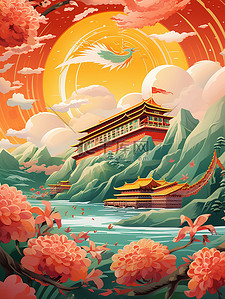 中国风建筑月亮花朵国潮插画7