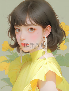 肖像插画图片_柠檬树下的清新可爱女孩肖像17