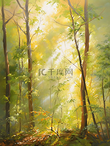 森林清晨插画图片_清晨的阳光透过茂密森林水彩画17