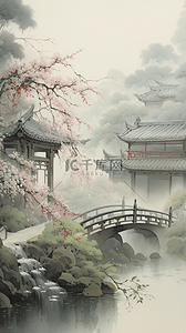 池水插画图片_园林景观园林风景