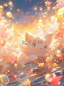 动漫夏天场景插画图片_可爱的猫在玩水梦幻场景动漫16