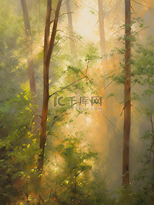 森林清晨插画图片_清晨的阳光透过茂密森林水彩画10