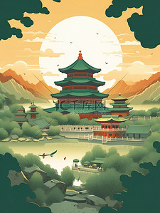 绿色调插画图片_绿色调中国山水古建筑插画11