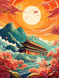 中国风建筑月亮花朵国潮插画11