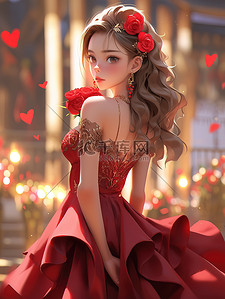 深红色红色插画图片_美丽的女人穿着深红色的裙子12