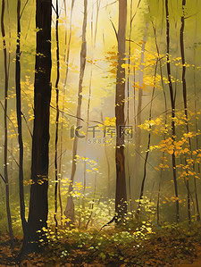 清晨的阳光透过茂密森林水彩画20