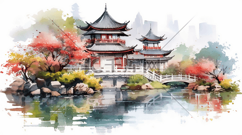 中式花园梦幻水彩插画公园景观