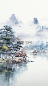 中式建筑水墨插画图片_彩墨中式园林景观园林风景
