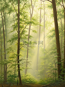 森林清晨插画图片_清晨的阳光透过茂密森林水彩画15