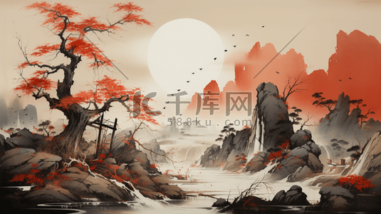 中国风齐白石绘画风格秋天山水画