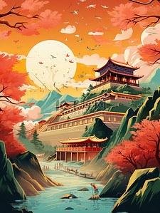 中国风建筑月亮花朵国潮插画19