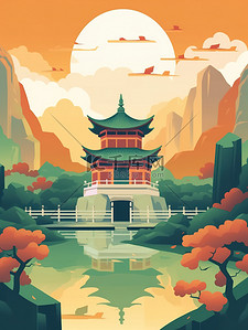 中国风古建筑莫迪兰色山水插画11