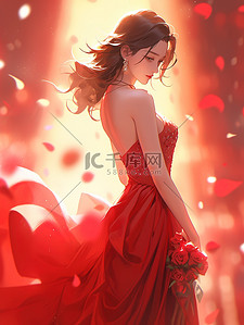 美丽的女人穿着深红色的裙子15