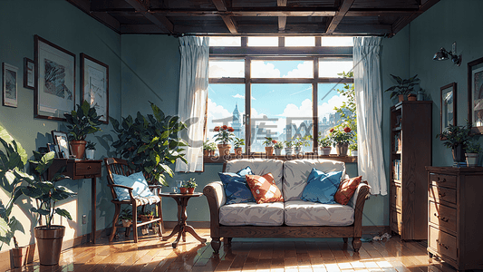 靠枕插画图片_充满绿色植物充满阳光的温馨客厅