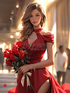 红色深红色插画图片_美丽的女人穿着深红色的裙子8