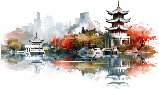 桌面壁纸插画图片_中国风水彩画中式花园公园