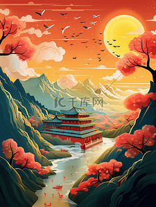 中国风建筑月亮花朵国潮插画1