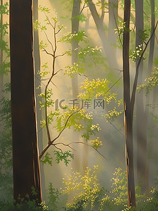 森林清晨插画图片_清晨的阳光透过茂密森林水彩画1