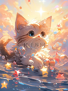 日系动漫头像插画图片_可爱的猫在玩水梦幻场景动漫19