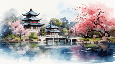 中国风水彩画中式花园公园亭台楼阁
