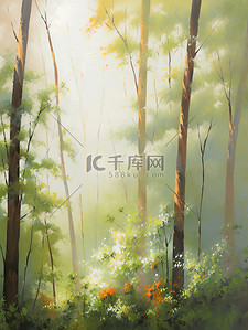 清晨的阳光透过茂密森林水彩画5