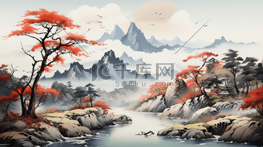 山水画风格插画图片_中国风秋天山水齐白石绘画风格山水画