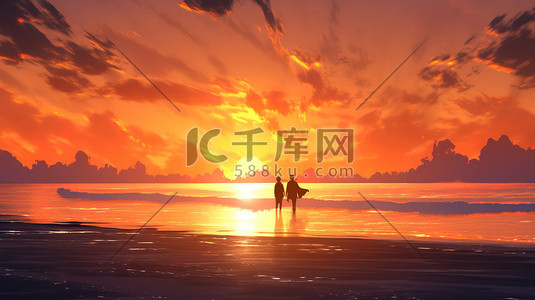 日落时分在海滩上散步的情侣剪影4